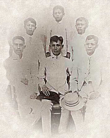In the photo are L to R Front: Galicano 1st cousin, son of Hilarion Limjoco; Cayo, and Gregorio; Rear: Leandro, Angel, and Bonifacio. Galicano was a first cousin, while the rest are siblings.